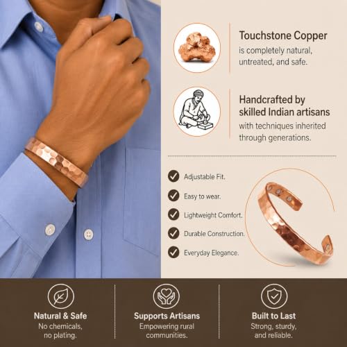Image of Touchstone Copper magnetic bracelet Tibetan style. Hand forged with solid and high gauge pure copper. Hammered look.