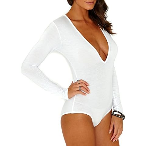 FuturaLondon Womens White * Cotton Plunge Deep V-Neck Long Sleeve Bodysuit Leotard 6 8 10 12 14 (10) Cover