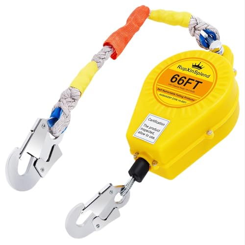 Image of Fall Arrester Protector Self Retractable 66FT Fall Protection Gear Double Locking, Dual PPE+Alloy Steel housing Heavy Duty Lifeline Safety Lanyard Rope Cable Wire Roofing Construction