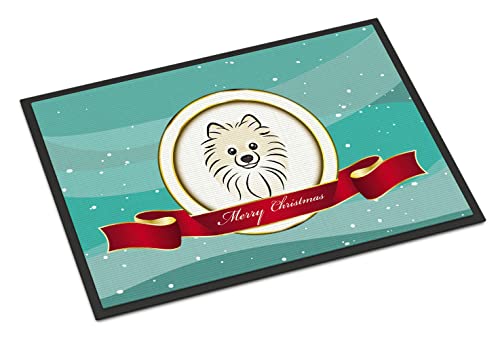 Caroline's Treasures BB1517JMAT Pomeranian Merry Christmas Doormat 24x36 Front Door Mat Indoor Outdoor Rugs for Entryway, Non Slip Washable Low Pile, 24H X 36W