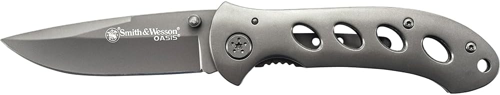 Smith & Wesson Oasis SW423B 7.5in S.S. Folding Knife with a 3.2in Serrated Drop Point Blade and Titanium Coated Handle for Outdoor, Tactical, Survival and EDC