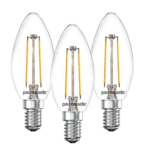 paul russells LED Candle Filament Light – 2.5W 25W Equivalent Replacement, 250LM Lumens, 2700K Warm White, SES E14 Small Edison Screw C35 Bulbs – Bright Energy Saving Non-Dimmable Lamps - 3 Pack