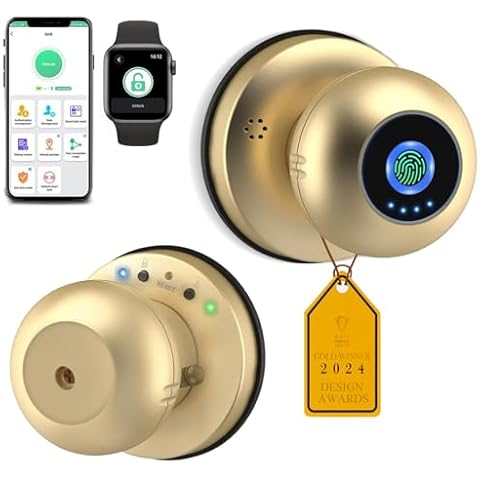 Fingerprint Door Lock Smart Door Knob with Key eLinkSmart Keyless Entry Door Lock for Bedroom Apartment with Privacy Mode Clear Voice Prompt Bluetooth App Control Support iOS Watch Glod Cover