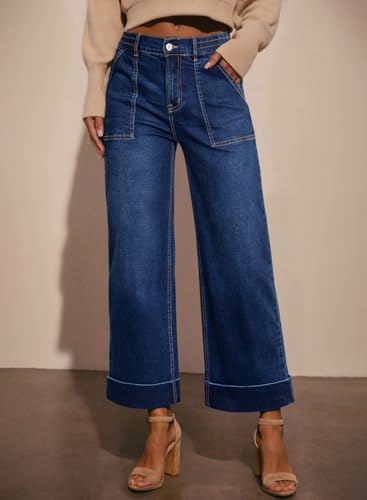 EVALESS Womens High Waist Wide Leg Jeans Trendy Cropped Denim Pants Solid Ankle Length Stretchy Jeans with Pockets4