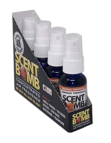 Image of Scent Bomb Air Freshener Spray, Long-Lasting Odor Eliminator - Effective Deodorizer for Home & Car, Fresh Room Spray for Kitchen, Bathroom & Smell Neutralizer - 1 oz Pack of 4, Mango Tropical Scent