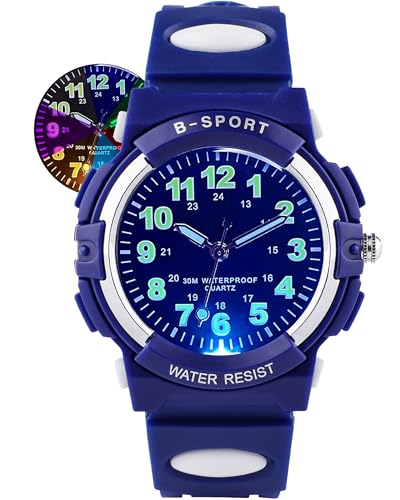 DTKID 7 Colorful Lights Children's Watch Boys Girls, Kids 30 M Waterproof Analog Watches Soft Rubber Band, Easy to Read Dial Time Lessons Wristwatch Children 5-18 Years Old