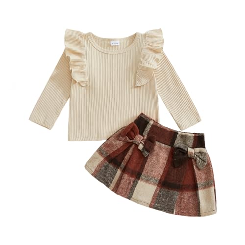 Girls Plaid Skirt Set Ruffle Long Sleeve T-Shirt Top Bow Skirt Fall Winter Toddler Outfits Baby Clothes