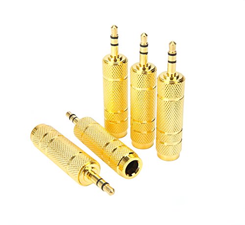 Devinal Professional 3.5mm 1/8 inch Plug to 6.35mm 1/4 inch Jack Gold Plated Audio Stereo Adapter Converter for Headphone, Audio Earphone, Microphone (5 Pack)