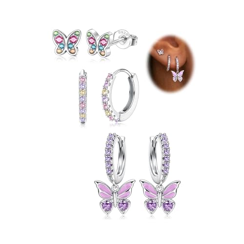 YADOCA Pendientes Niña Plata de Ley 925 Hipoalergenicos Pendientes Aro Colgantes Niña Cartílago CZ Corazón Mariposa Multicolor Pendientes Pequeños Mujer Bebe Adolescentes