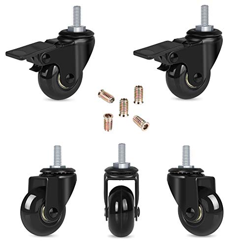 Hirate 2 inch Caster with 5/16"-18UNC Threaded Stem(2 Casters with Brake Lock, 3 without), Lockable Bearing Swivel Stem Casters with Screw Inserts Safe for All Type Floor