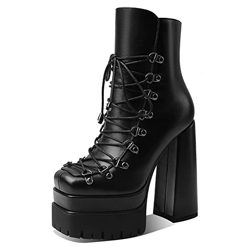 Artrotter Stacked Platform Boots For Women, Side Zipper Chunky Block High Heel Combat Ankle Booties Decorating Front Lace Up And Buckles #TOP29