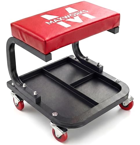MaxWorks Mechanics Roller Seat - Heavy Duty 250 lb Capacity Rolling Creeper Stool with Padded Seat & 3-Section Tool Tray for Garage & Auto Repair (50875)
