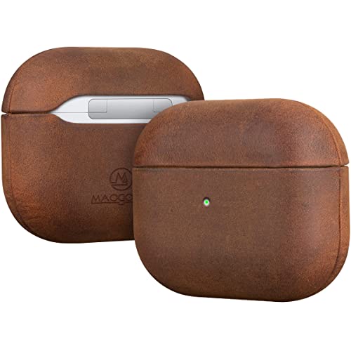 Airpods 3 Leather Case Cover, Maogoam Genuine Vintage Oil Wax Crazy Horse Cowhide Leather Case Cover For Apple Airpods 3Rd Generation 2021, Handcrafted Fully-Wrapped, The Front Led Visible, Dark Brown #TOP18