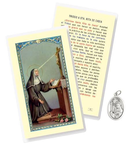St Rita Medal - 1' Silver Tone St Rita of Cascia Medal, Spanish Laminated Santa Rita de Casia Oracion - Made in Italy St. Rita of Cascia Theme Set of 2 Items