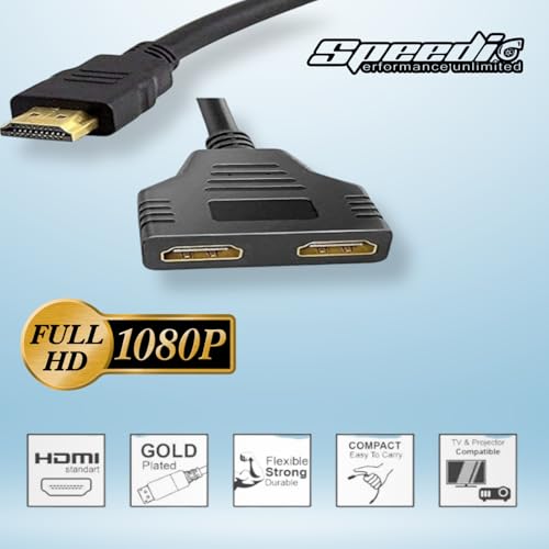 Image of Speedio HDMI Splitter Y Cable 1 in 2 Out - Screen Mirroring with Dual HDMI Port Adapter for Full HD 1080p, 3D, HDTV, PS4, Xbox, Laptop, Monitor, Projector - Pack of (2)