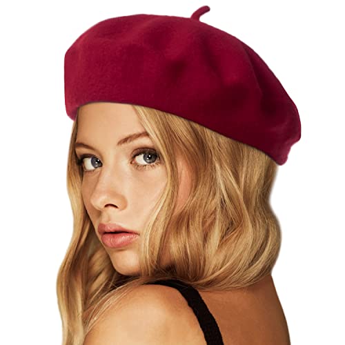 Wheebo Wool Beret Hat,Solid Color French Style Winter Warm Cap for Women Girls (Burgundy)
