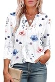 Aokosor Womens 3/4 Sleeve Tops Ladies Blouses V Neck T Shirts Fashion Dressy Tunic Blouses Curved Hem Size 18-20 White Blue Floral