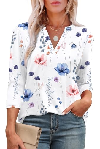 Image of Aokosor Womens 3/4 Sleeve Tops Ladies Blouses V Neck T Shirts Fashion Dressy Tunic Blouses Curved Hem Size 18-20 White Blue Floral