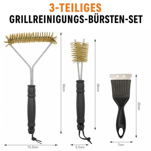 3 Stück Messingbürste Grill,Grillbürste Edelstahl mit Schaber, 2-in-1 Doppelkopf Grill Reinigungsbürste für Gussrost, Gasgrill, Elektrogrill und Holzkohlegrill,Gusseisengrill
