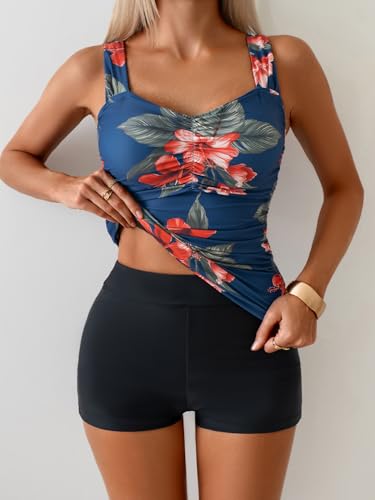 Image of B2prity Women's Tankini Swimsuit Tummy Control Ruched Two Piece Bathing Suit Push Up Modest Swim Suits with Shorts