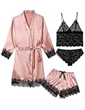 QLVKYW Women'S Silk Pajamas V Neck Robes Sexy Lace Cami Satin Shorts Lingerie Set 4 Pcs Sleep Wear Champagne