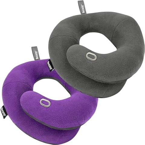 BCOZZY Pillow Bundle: Includes 2 Travel Neck Pillows for Adults, Featuring Double Support for Comfortable Sleep on The Plane. Large Size, in Gray and in Purple Cover