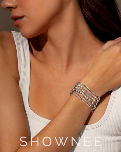 shownee Sliver Beaded Bracelet for Women 14K Gold Plated Bracelets Gold Stretch Bead Ball Bracelet Hypoallergenic Stackable Bracelet Set 6.8 inch Graduation Gift for Her Mothers Day Gifts for Mom — view 2