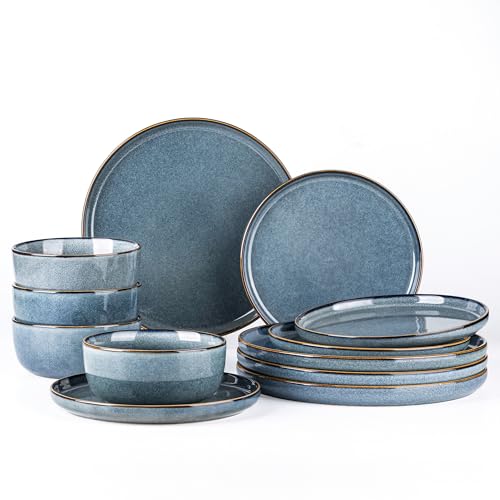 GBHOME Ceramic Dinnerware Sets for 4, 12 Pieces Stoneware Plates and Bowls Sets, Reactive Glaze Dishes -Scratch Resistant, Dishwasher&Microwave Safe, Space Blue GBHOME Ceramic Dinnerware Sets for 4, 12 Pieces Stoneware Plates and Bowls Sets, Reactive Glaze Dishes -Scratch Resistant, Dishwasher&Microwave Safe, Space Blue