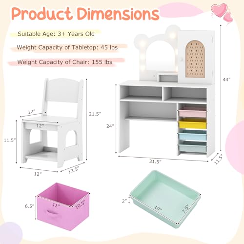 Image of Costzon Kids Vanity with Lights, Girls Vanity Set with Mirror, Storage Drawers, Cabinet & Shelves, Toddler Makeup Vanity Desk Dressing Table, Wooden Kids Vanity Table and Chair Set (White)