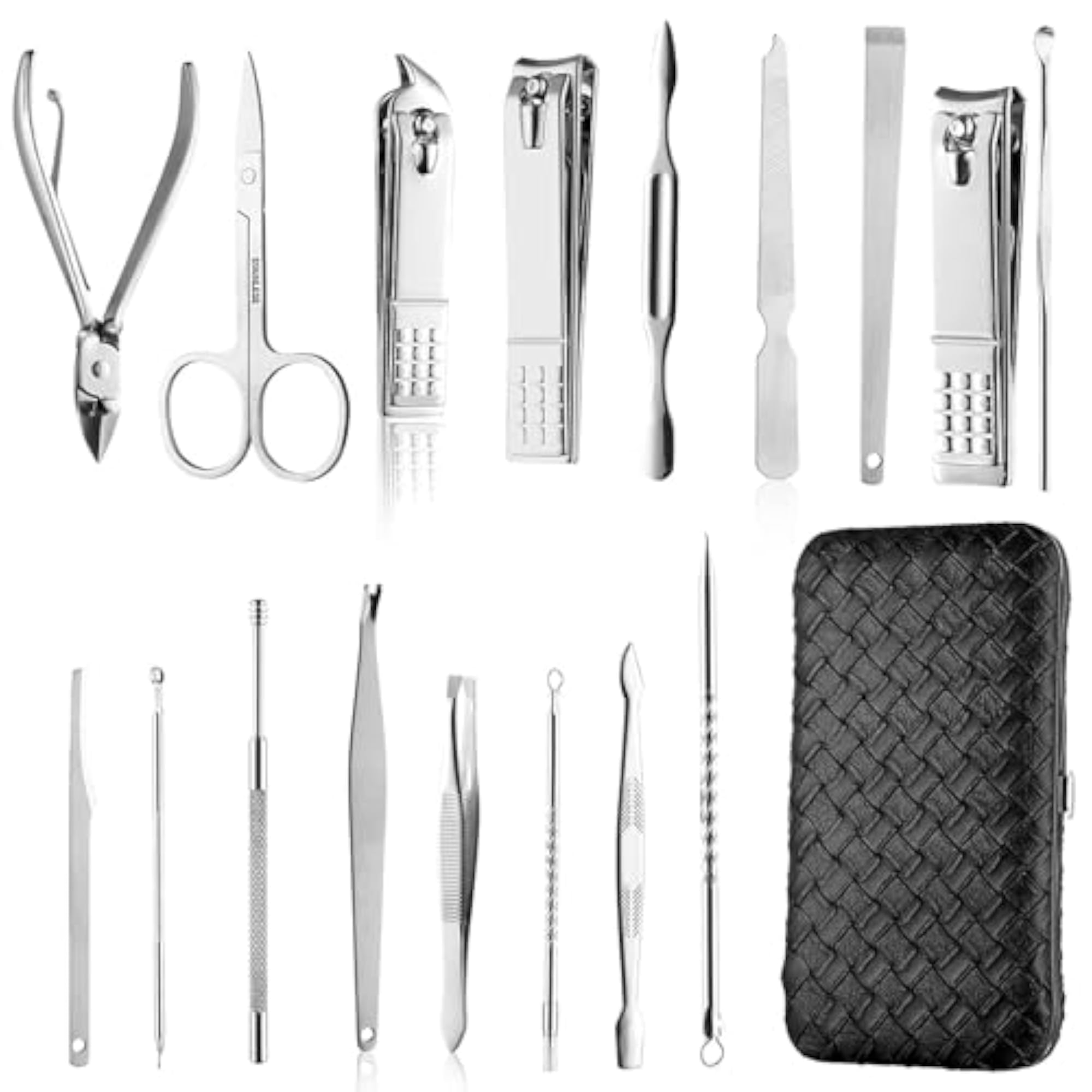 16-in-1 Stainless Steel Manicure Kit, Leather Travel Case