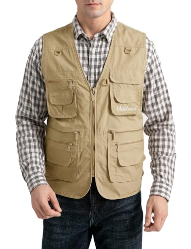 Vanchenl Herren Utility Weste Safari Reise Cargo Outdoor Arbeit Leichtes Foto Schießen Weste mit Taschen Khaki XL