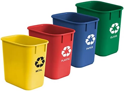 Acrimet Wastebasket Bin for Recycling 13QT (Made of Plastic) (Metal/ Yellow, Paper/ Blue, Glass/ Green, Plastic/ Red) (Set of 4)