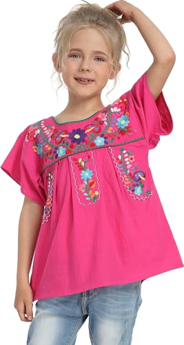 Image of YZXDORWJ Mexican Blouse for Girls Traditional Embroidered Summer Short Sleeve Peasant Blouse for Kids
