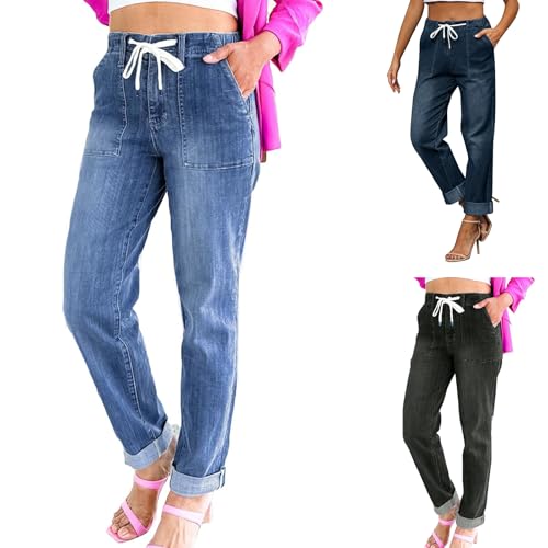 midelxp Stretchy Straight Leg Jeans for Women Baggy Drawstring Elastic Waist Jeans Y2k Boyfriend Denim Pants with Pockets