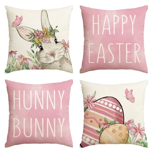 AVOIN colorlife Happy Easter Hunny Bunny Pink Throw Pillow Covers, 18 x 18 Inch Easter Eggs Bunny Spring Cushion Case for Sofa Couch Set of 4 by AVOIN colorlife - Used condition - US$8.89