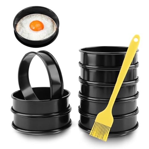 8PCS Crumpet Rings Nonstick English Muffin Rings 4 Inch Stainless Steel Double Rolled Tart Rings Baking Egg Ring Round Metal Pastry Baking Rings with Silicone Brush(COLOR:black)