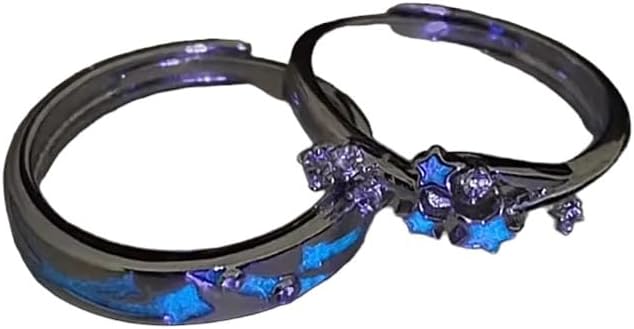 New For Fashion 2024 2Pcs Fashion Blue Luminous Star Couple Ring Glow In Dark Fluorescent Zircon Ring Women Men Adjustable Finger Rings Jewelry Gifts Fashion Accessories Creative Gift