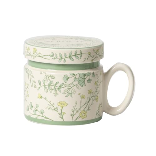 Générique Jardin Art Tasse en Céramique, Tasse de Café à Fleurs Peinte, Tasse à Thé Avec Couvercle, Tasse à Boire Quotidienne Des Femmes, Adapté pour Micro-Ondes, Boissons Chaudes et Froides (Vert)
