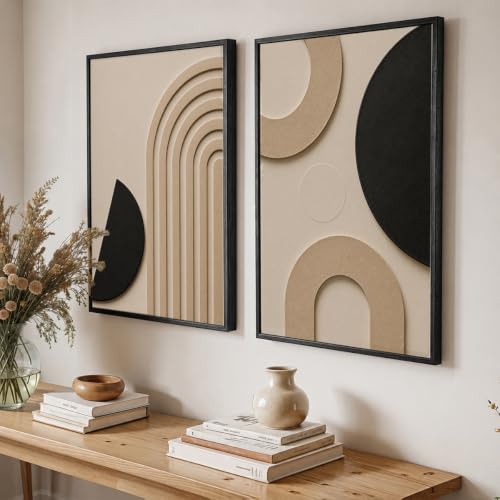 Image of NoWorries Abstract Geometric Wall Painting Set of 2 with Frame | Black Beige Arch & Circle Texture Artwork, Modern Minimal Wall Decor for Living Room, Bedroom, Office and Home Decoration (Art-20, 10x13inch)