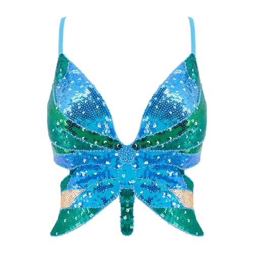Mocure Women's Shimmer Sequin Crop Top Low-Cut Tube Top Butterfly Rave Tank Vest Top, Lake Blue&green Butterfly, One size