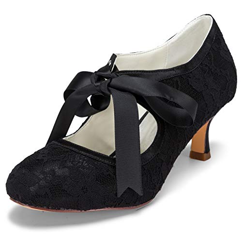 JIAJIA 140311 Women's Bridal Shoes Closed Toe Stiletto Heel Lace Satin Pumps Ribbon Tie Wedding Shoes