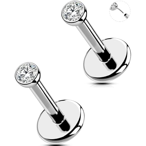 2Pcs 20G/18G/16G Threadless Nose Stud Flat Back Earrings 316L Surgical Steel CZ Daity Nose Helix Cartilage Tragus Conch Labret Medusa Monroe Piercing Jewelry for Women Men Silver - 2mm CZ 18