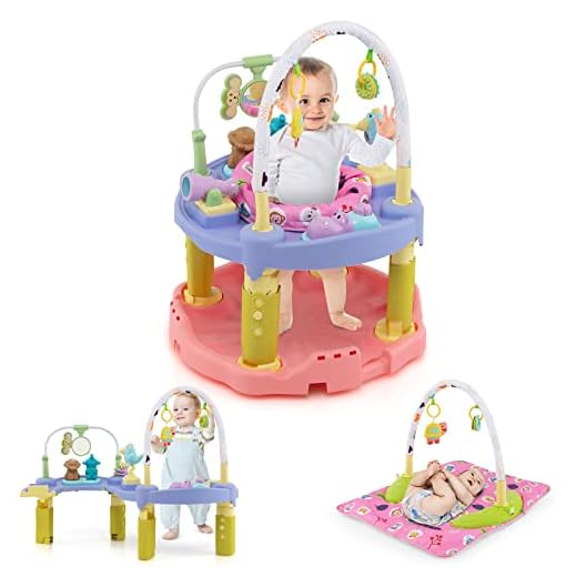 BABY JOY Baby Bouncer Activity Center, 3 in 1 Activity Center & Table | Infant Play Mat, Bouncing Activity Saucer w/Music, 3 Adjustable Height, 360° Seat, Exersaucer for Babies 0-24 Months (Pink)