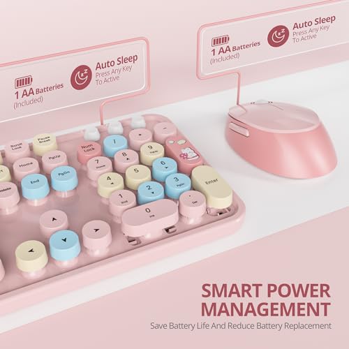 Image of Owpkeenthy Pink Keyboard and Mouse Wireless, Cute Colorful Typewriter Keyboard Full-Sized with Number Pad Round Keycaps for Desktop, Laptop and Computer(Coloful Pink)