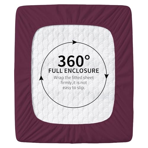 Image of HBHLFZ Queen Fitted Sheet Only, Soft Breathable Bottom Sheet - 60 inchx80 inch Deep Pockets Queen Size Fitted Sheet - All Around Stretch Fit, Wrinkle Resistant, Colorfast - Easy Care, Burgundy