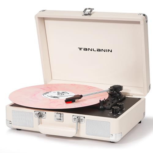 Record Player with Enhanced Speakers 3-Speed Bluetooth Suitcase Portable Vinyl Record Player Treble & Bass Control Belt Drive Vinyl Vintage Turntable AUX Line-in/Out, Creamy