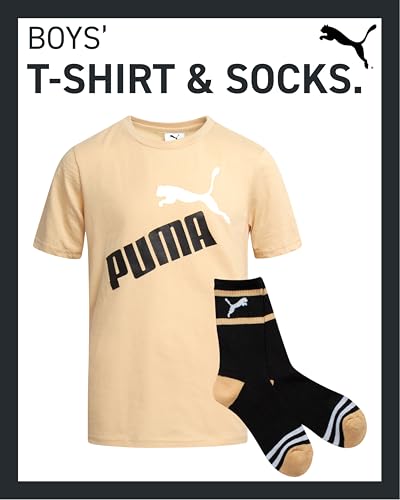 Image of PUMA Boys 2 Piece Graphic Tee Shirt & Matching Socks Set (Sizes S-XL) | Soft Cotton Blend, Short Sleeve Crewneck, Casual Athletic Style, Comfortable Everyday Kids Wear, Fun Coordinated Look