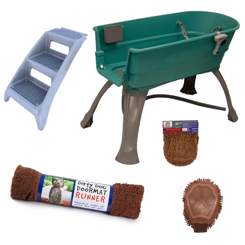 Booster Bath Elevated Pet Bathing Large Teal with Steps and Brown DGS Cleaning Crew and Doormat Runner Combo