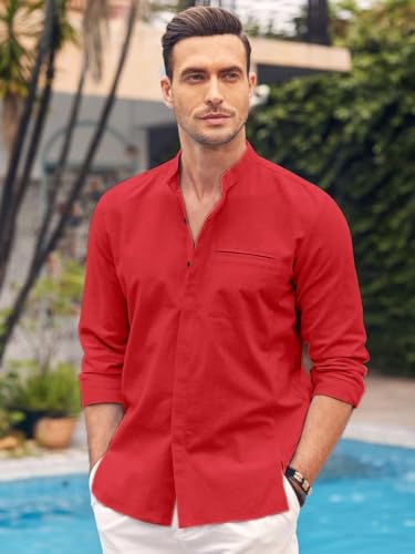 Image of Mens Casual Button Down Shirt | Cotton Luster Long Sleeves Shirts | Mandarin Collared Shirts