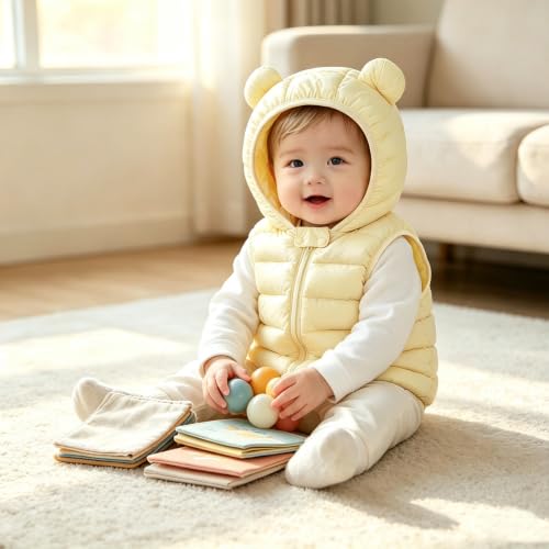 Image of AIWUHE Baby Boys Girls Hooded Puffer Vest Winter Lightweight Sleeveless Bear Ears Zipper Up Jacket Down Vest Coat Vests Kids